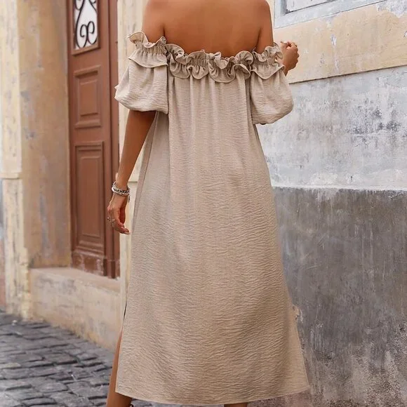 Khaki Casual Women's Off Shoulder Ruffle Trim Slit Dress - Picture 2 of 6